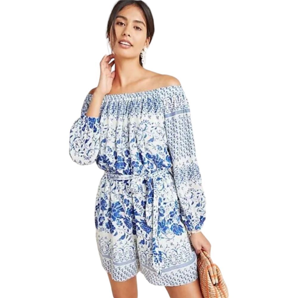 Anthropologie Romper Clemente Belted‎ Off Shoulder Blue Flower Print NWT